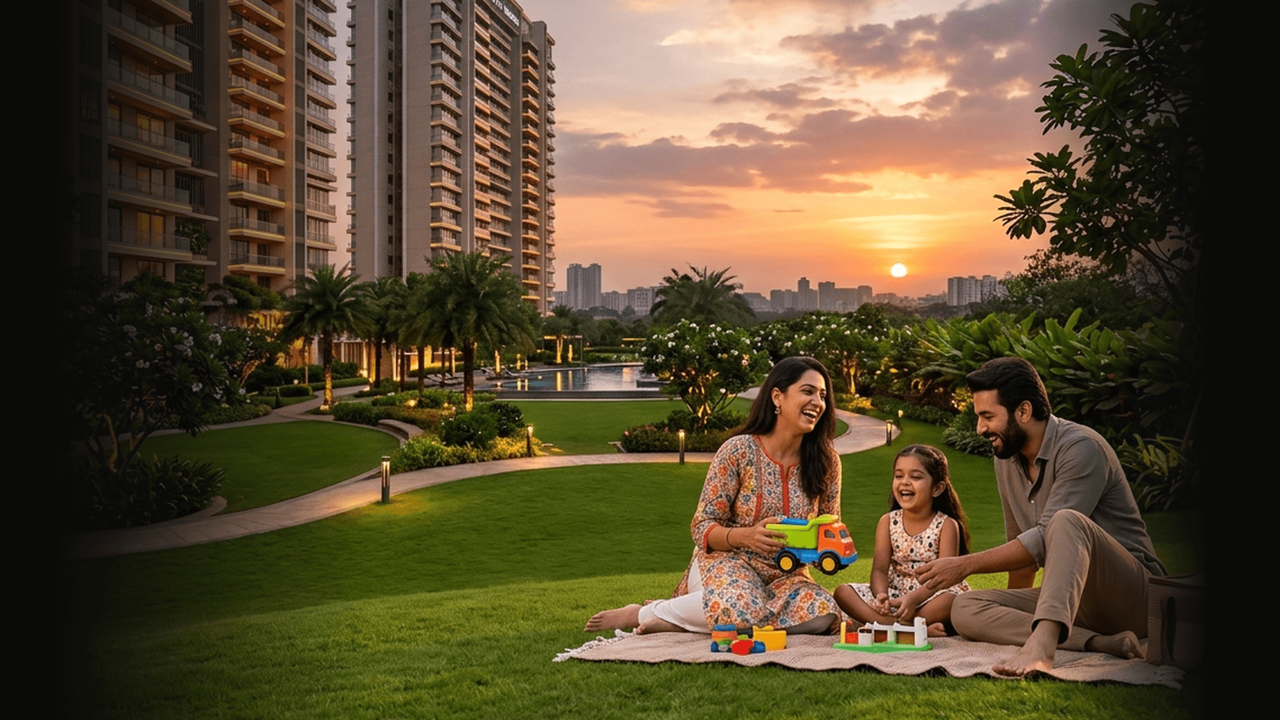 Family Playing in Society Garden - Sunset